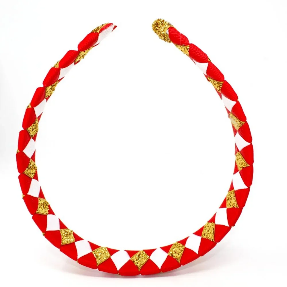 Handmade Diamond Pattern Red Glitter Gold White Double Ribbon Headband SF 49ers - Picture 2 of 4